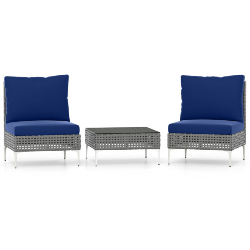 3-Piece PE Rattan Outdoor Conversation Chairs with Glass Coffee Table for Porch