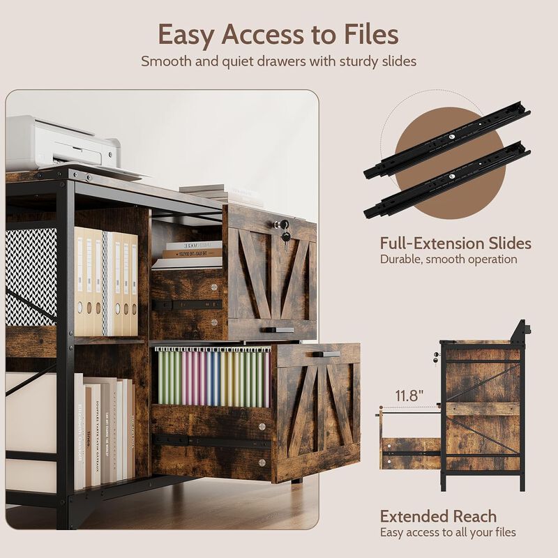 44"W File Cabinet, Lateral Filing Cabinet with 4 Shelves and 2 Drawers, Office Storage Cabinet with Lock & Charging Station, Wooden Printer Stand image number 6