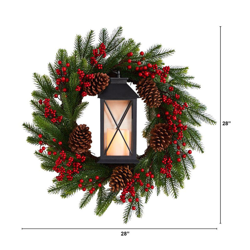 Nearly Natural 28-in Berries and Pine Artificial Christmas Wreath with Lantern and Included LED Candle
