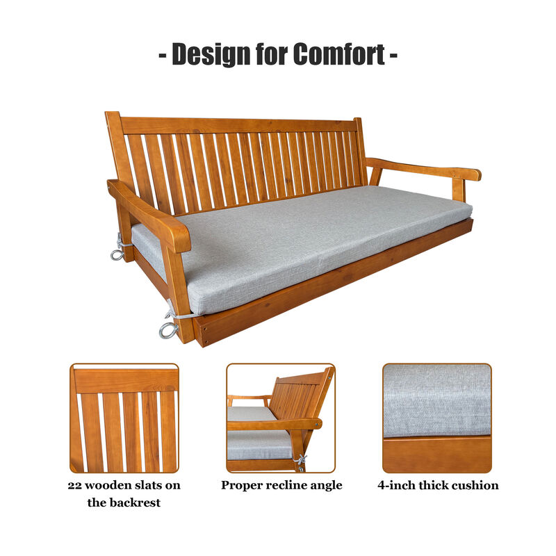 Wooden Porch Swing Bed with Thick Cushion &ndash; 6 FT Outdoor Hanging Daybed for Patio or Porch, Heavy Duty 1000 LBS (Teak Tone) image number 5