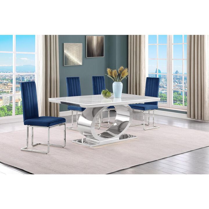 5pc Small(68") marble top dining set with silver base and 4 Navy blue chairs
