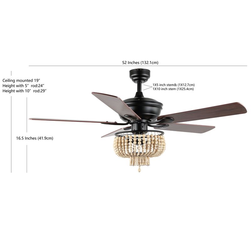 Opal 52" 3-Light Farmhouse Rustic Wood Bead Shade LED Ceiling Fan With Remote, Black
