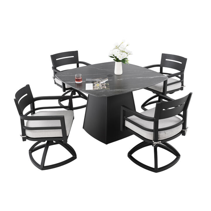 5-Piece Outdoor Pedestal Dining Set, 44" Rounded Square Sintered Stone Table and 4 Swivel Rockers, Sunbrella Cushions