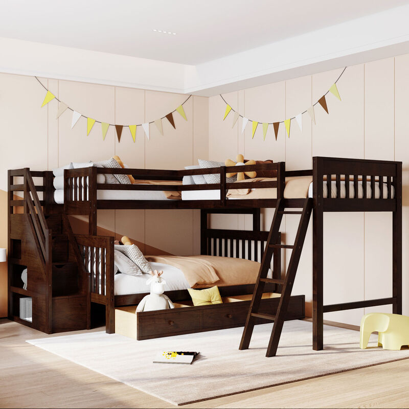 Twin Over Full L-Shaped Bunk Bed With 3 Drawers, Ladder And Staircase