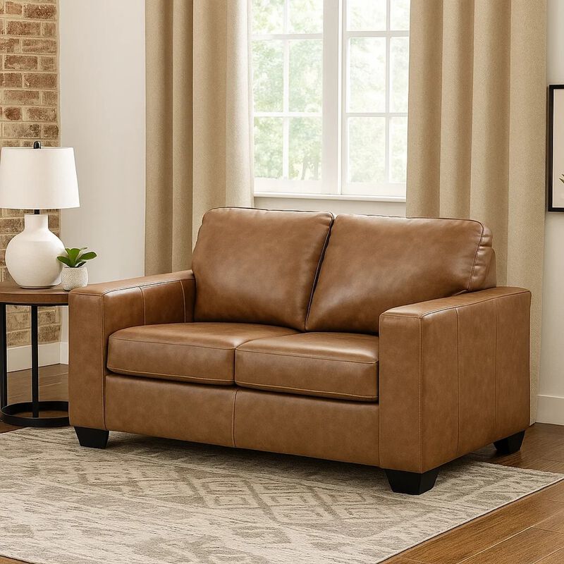 Miller Loveseat, Plush Caramel Brown Real and Faux Leather 62 Inch image number 6