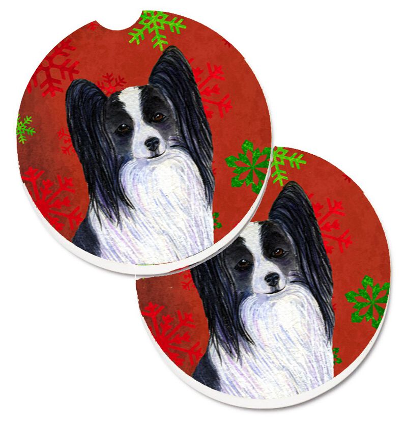 Caroline's Treasures Papillon Red & green Snowflakes Holiday Christmas Set of 2 Cup Holder Car Coasters SS4712CARC, 2.56, Multicolor image number 0
