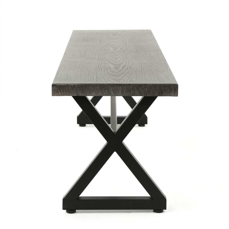 Romita Outdoor Dining Bench, X Shape Legs, Gray Metal, Black Steel, 63 Inch - Benzara