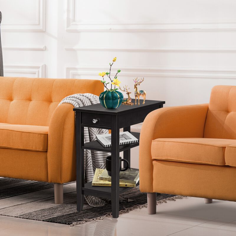 End Table with Drawer and 2-Tier Open Storage Shelves for Space Saving