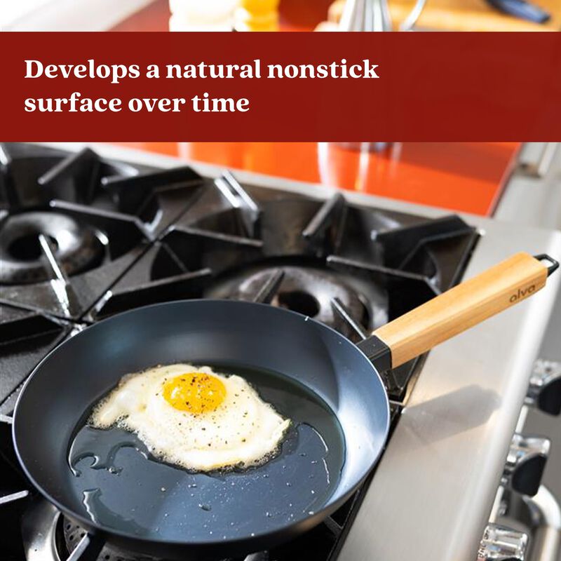 Alva Forest Carbon Steel Pan Pre-Seasoned with Natural Mineral Oil, Acacia Wood Stay Cool Handle Nonstick Frying Pan for Searing Steak, Non Toxic, Compatible with All Stovetops and Induction Safe
