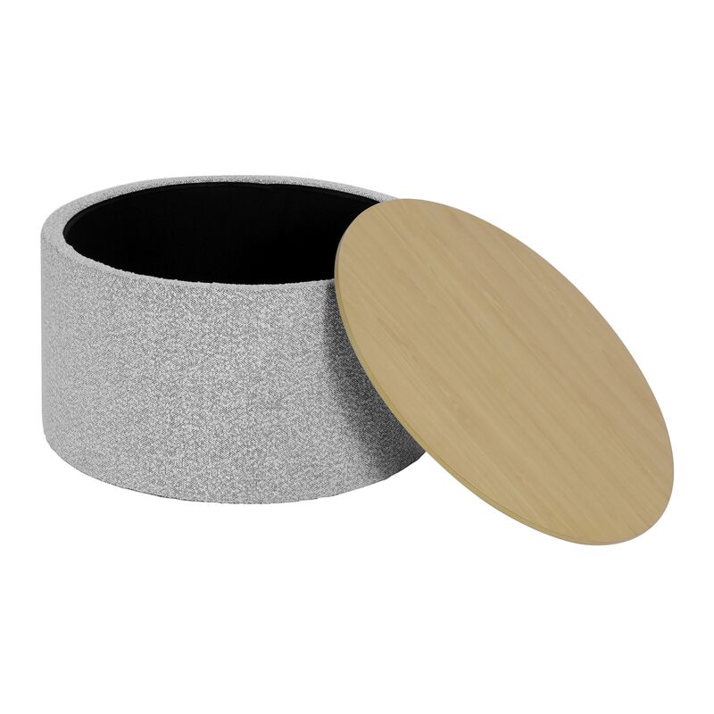 Mesy Storage Ottoman, 30 Inch Round Lift Tray Top, Light Gray Boucle - Benzara