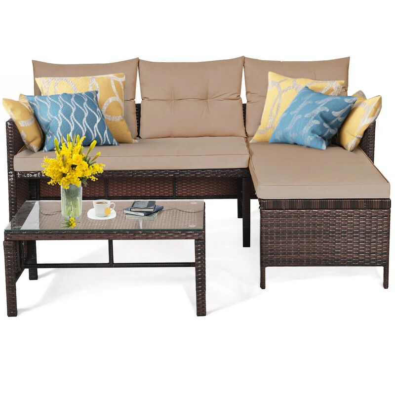 Mondawe 3 Pieces Outdoor Patio Corner Rattan Sofa Set