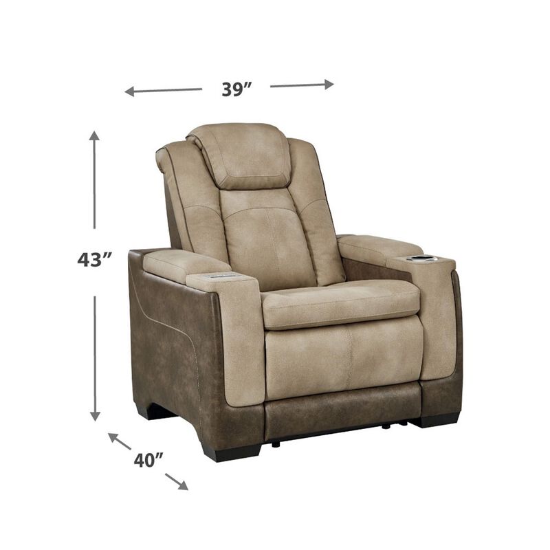 Corbin Power Recliner Chair, 39in Brown Faux Leather, Wireless Charger - Benzara