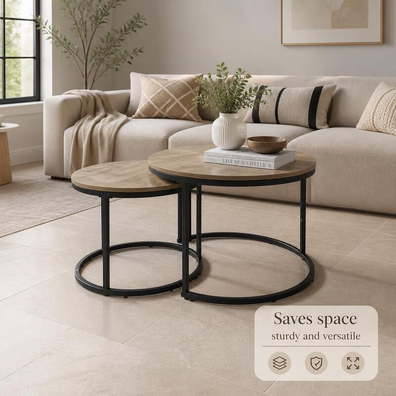 GOODSILO Round Nesting Coffee Table Set of 2, Space-Saving Stackable Side Tables with Marble Pattern Top and Sturdy Metal Frame for Living Room Bedroom Balcony image number 4