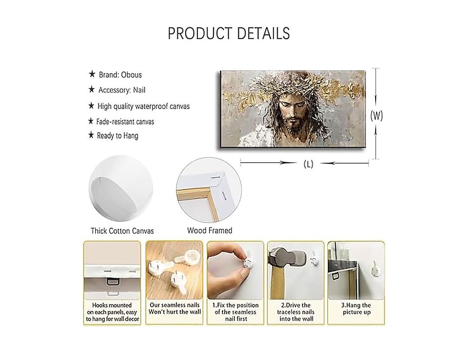 Large Jesus Portrait Canvas Wall Art Abstract Gold Thorns Decor Beige Gray God
