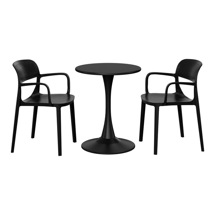 WestinTrends 3-Piece Round Metal Bistro Dining Table Set And Stackable Resin Patio Dining Arm Chairs