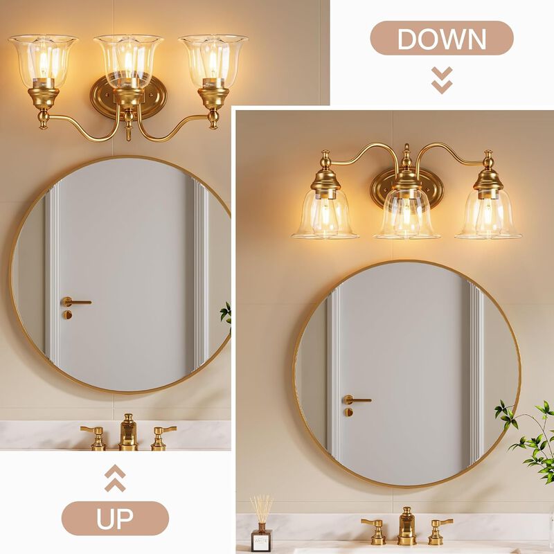 Gold Bathroom Vanity Light, Three-Light Clear Glass Bell Shades image number 5