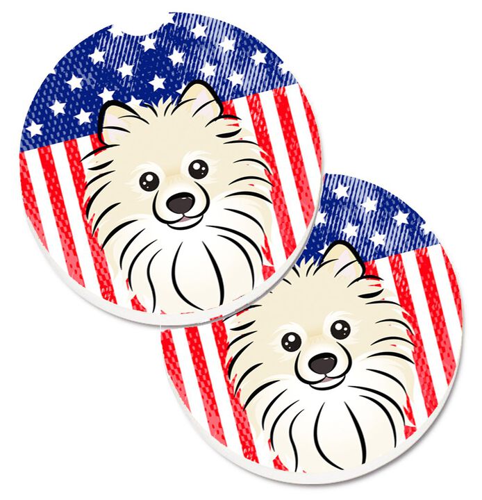 Caroline's Treasures American Flag & Pomeranian Set of 2 Cup Holder Car Coasters BB2137CARC, 2.56, Multicolor