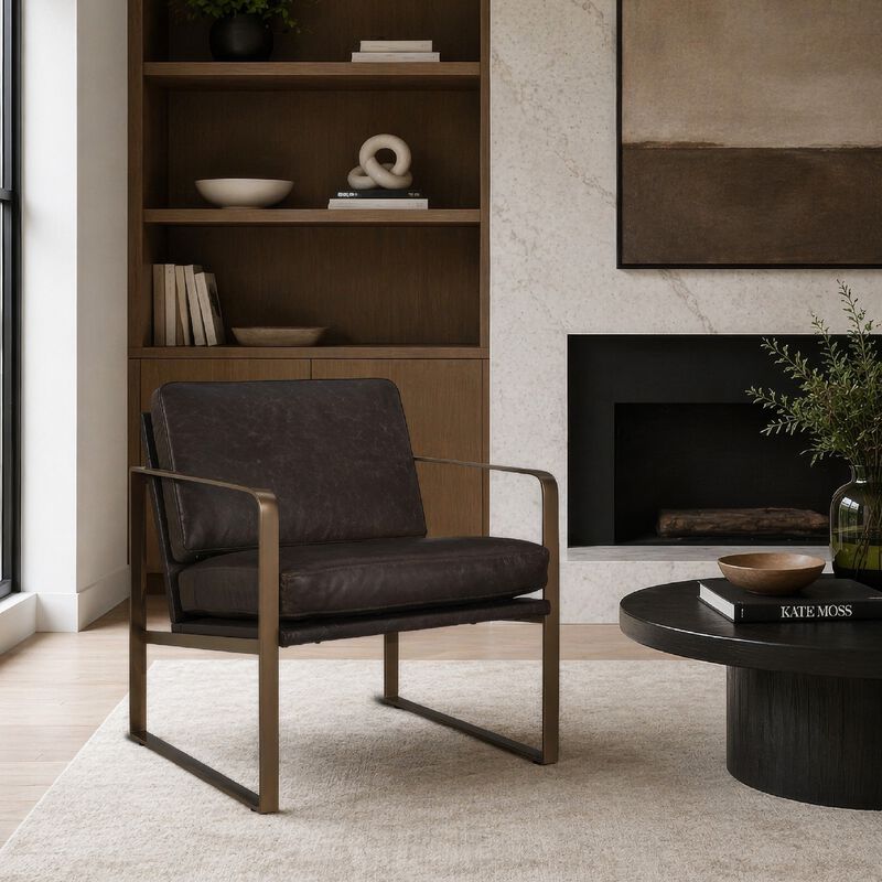 Bary Accent Chair, Dark Brown Top Grain Leather Cushions, Gold Metal image number 1