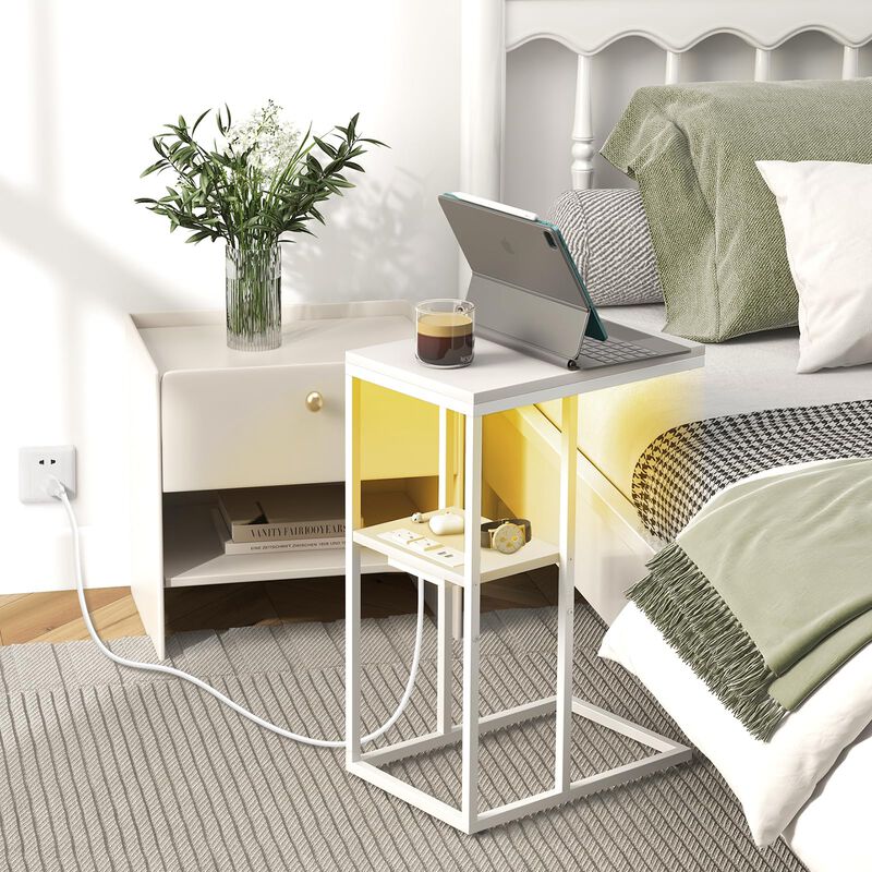 Yoobure LED C Shaped End Table with Charging Station, Small Side Tables for Living Room Bedroom, TV Tray Table with USB Ports an