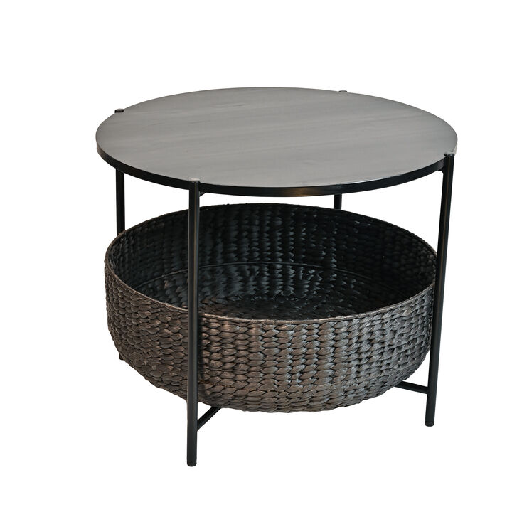Carly 24.21" Modern Coastal Round Acacia Wood/Water Hyacinth Coffee Table with Storage Basket
