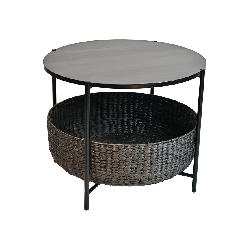 Carly 24.21" Modern Coastal Round Acacia Wood/Water Hyacinth Coffee Table with Storage Basket