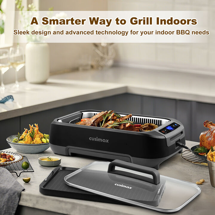 Cusimax 1500W Smokeless Indoor Grill, Electric Grill with Non-stick Removable Grill Plate, BBQ Grill with LED Smart Display & Tempered Glass Lid