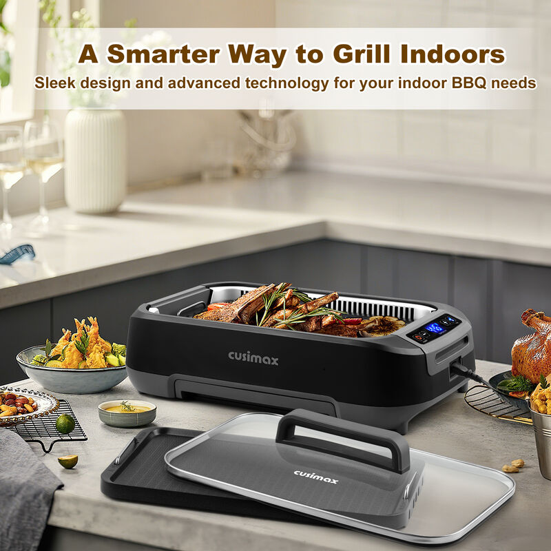Cusimax 1500W Smokeless Indoor Grill, Electric Grill with Non-stick Removable Grill Plate, BBQ Grill with LED Smart Display & Tempered Glass Lid image number 1