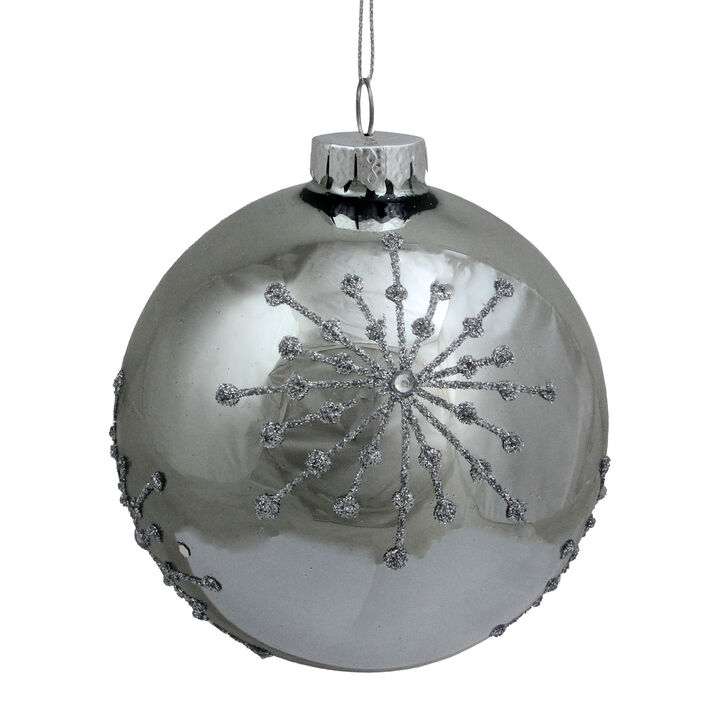 Shiny Silver Mirrored with Glitter Snowflakes Christmas Ball Ornament 4" (101mm)