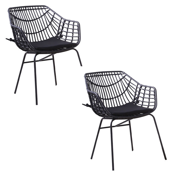 Niya Patio Chair Set of 2, Polyester, Black Steel, Outdoor Rattan Wicker - Benzara