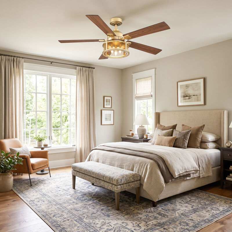 52 in. Modern Mesh Metal Reversible Blades Gold Ceiling Fan with Light and Remote image number 3