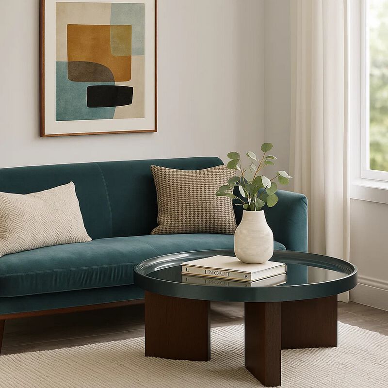 Lexy Coffee Table, 35 Inch Round Top, Low Profile High Gloss Blackish Green image number 6