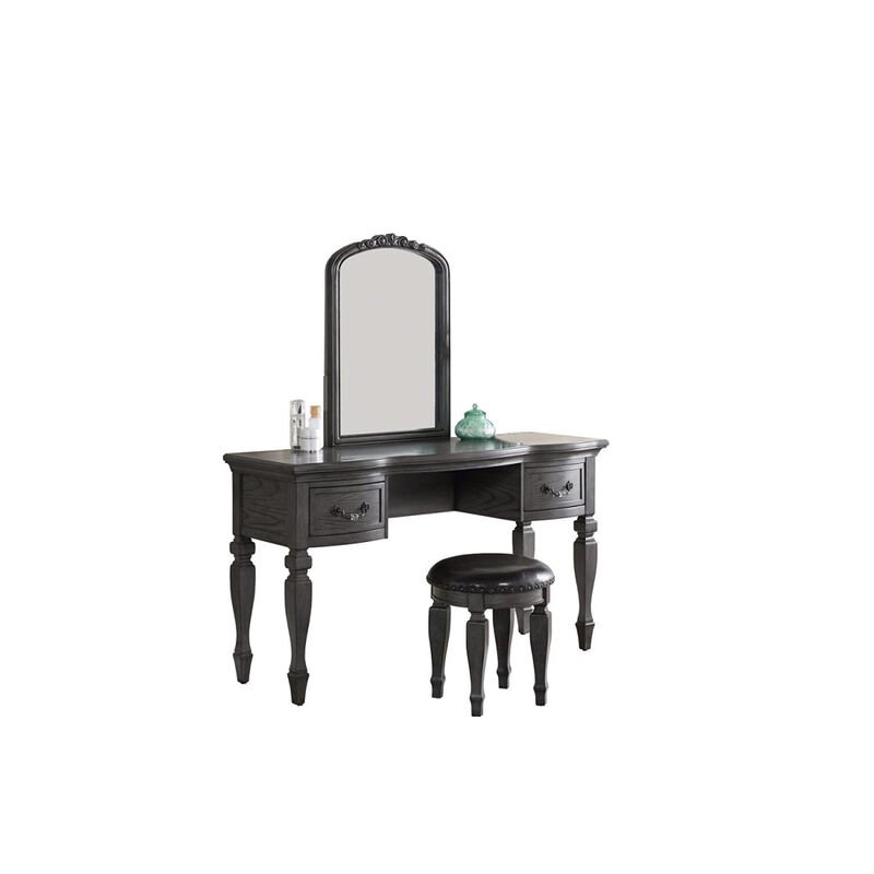Bedroom Classic Vanity Set Wooden Carved Mirror Stool Drawers Antique Grey Finish