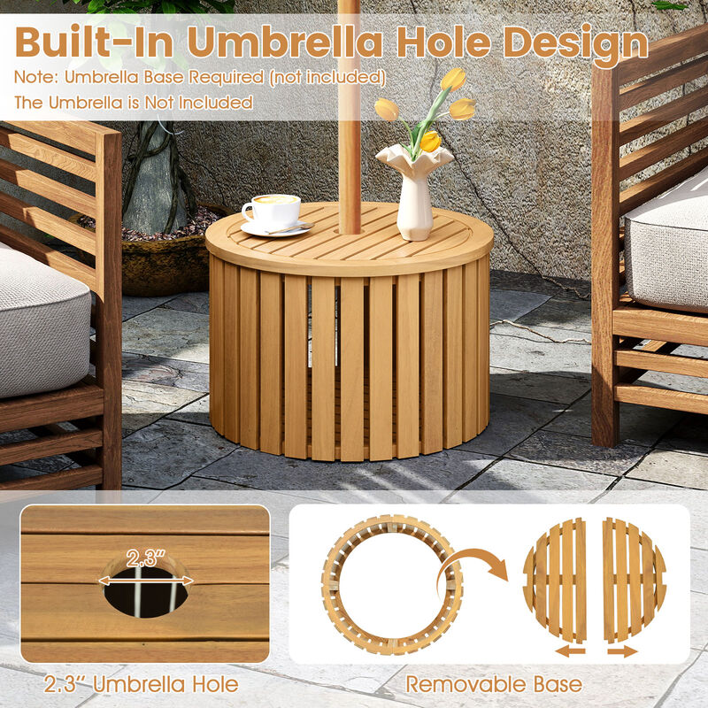 Outdoor 2-in-1 Side Table with Acacia Wood Slatted Coffee Table and Round End Storage Box-Natural image number 7