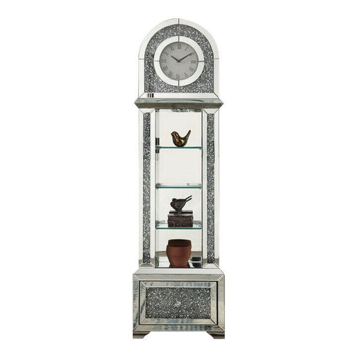 Grandfather Clock with 1 Drawer and Mirror Frame, Silver-Benzara