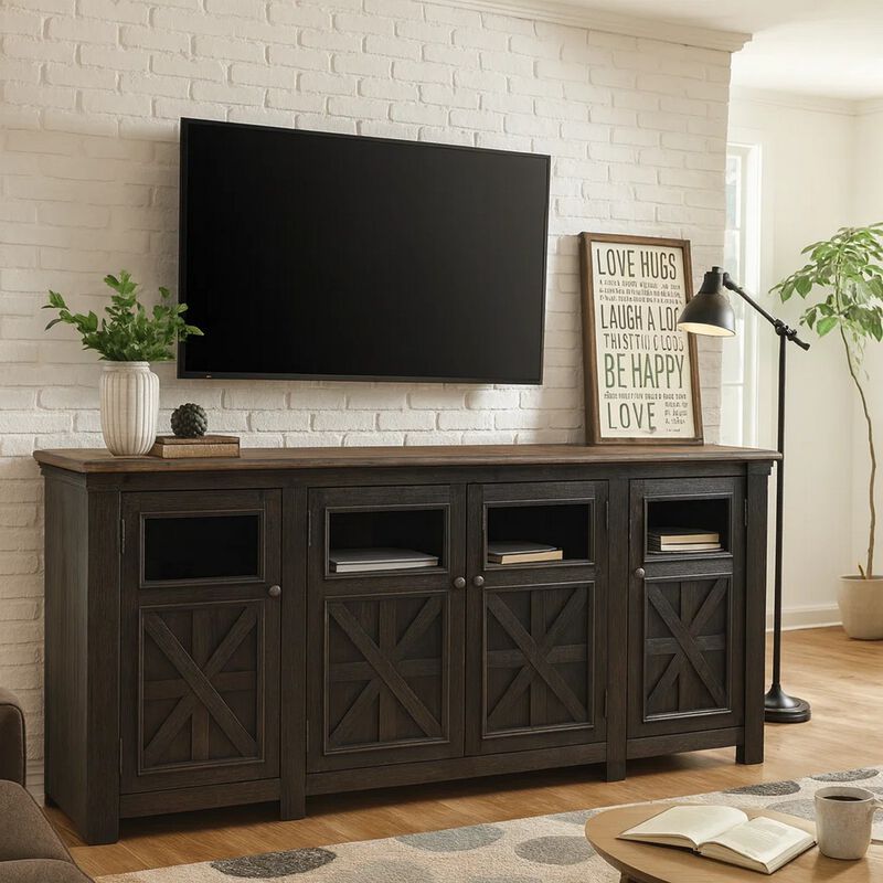 Dual Tone Wooden TV Stand with Four Cross Buck Doors Storage, Extra Large, Brown and Black image number 0