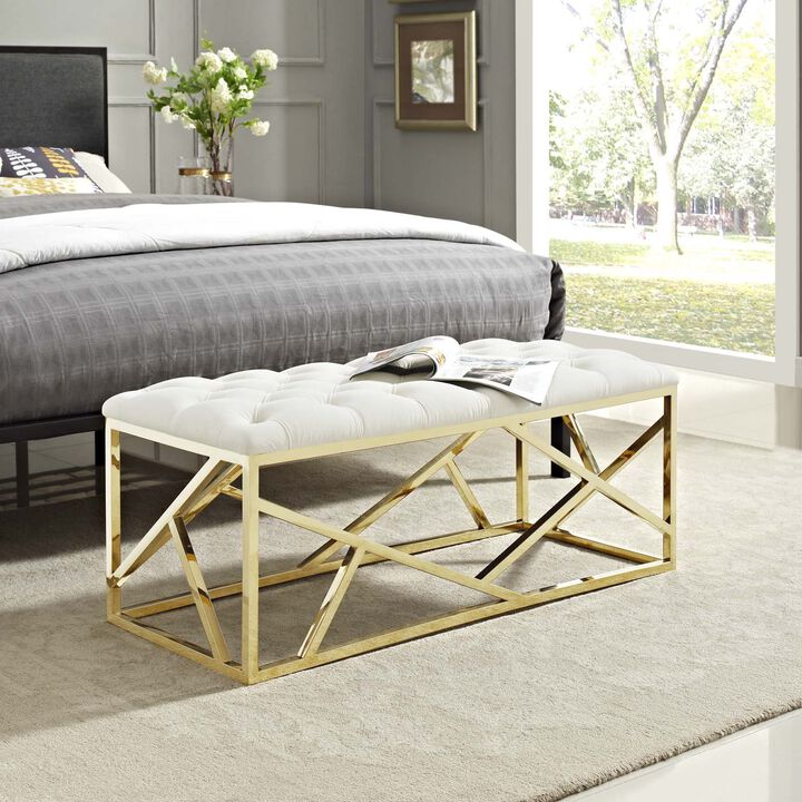 Modway Intersperse Tufted Modern Bench With Gold Stainless Steel Geometric Frame In Gold Ivory
