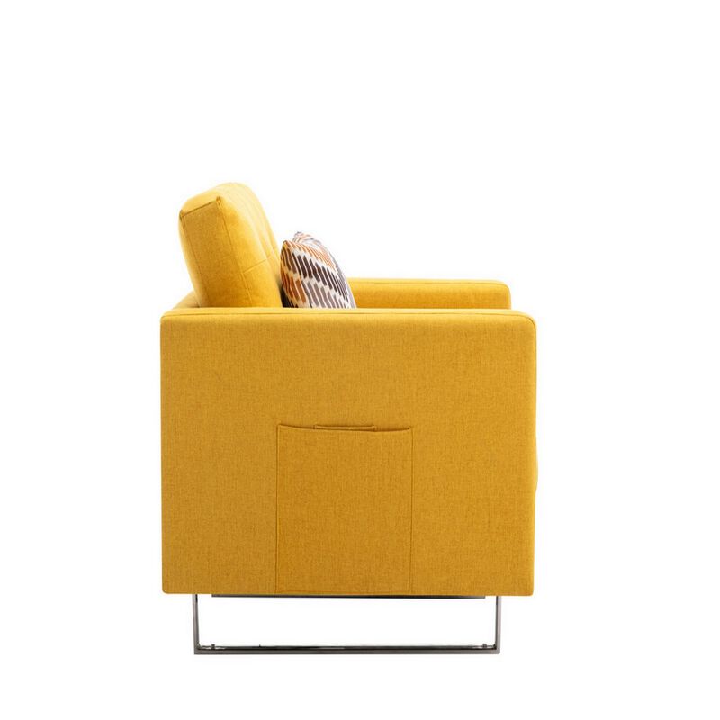 Lewa 34 inch Modern Accent Armchair, Silver Metal Legs, Tufted Seat, Yellow-Benzara