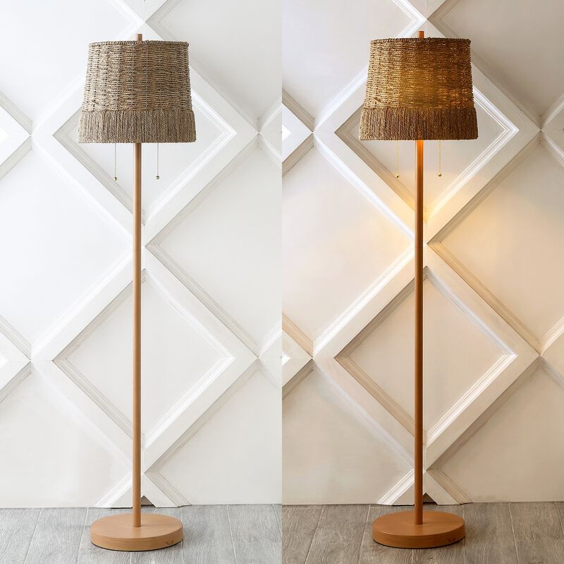 Ocata 2-Light Coastal Bohemian Iron/Rattan LED Floor Lamp with Pull-Chain