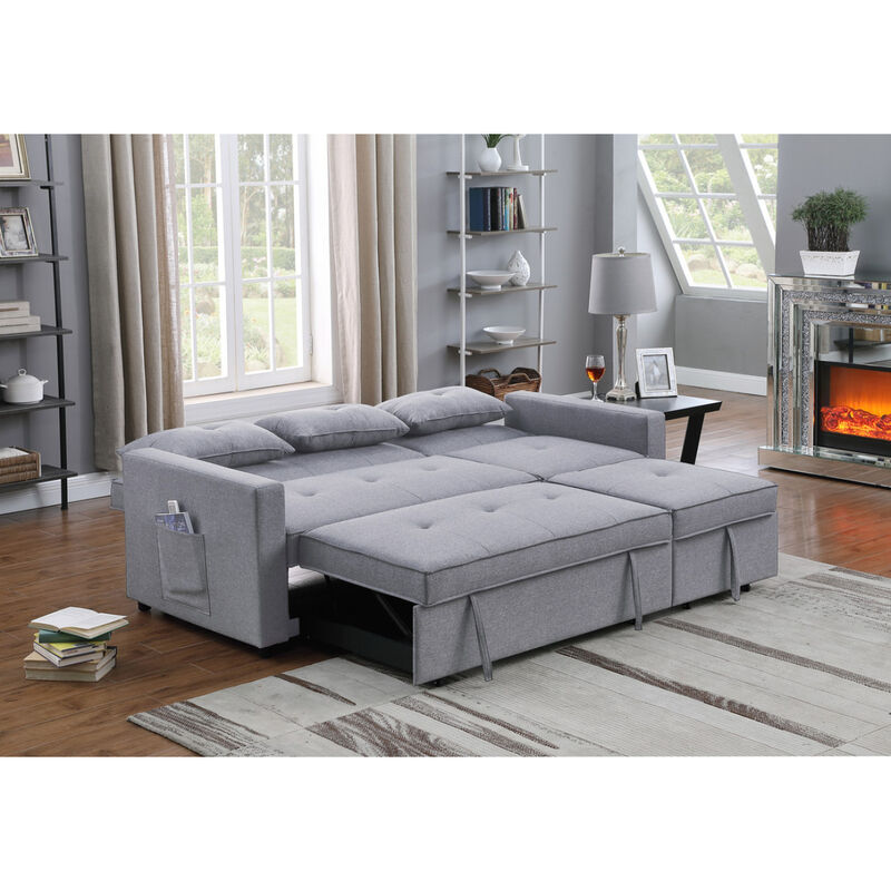 Zoey Light Gray Linen Convertible Sleeper Sofa with Side Pocket