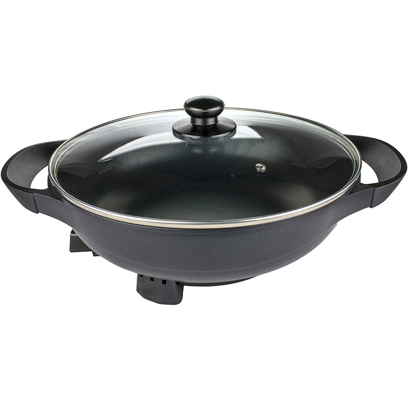 Brentwood 13in Non-Stick Flat Bottom Electric Wok Skillet with Vented Glass Lid in Black