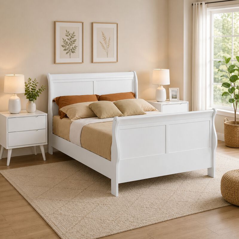 Queen Bedroom Set, White Wood, 3 Piece Set with 2 Nightstands image number 1