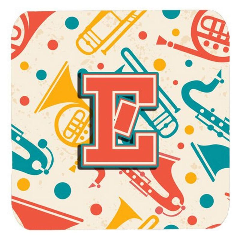 Caroline's Treasures CJ2001-EFC Letter E Retro Teal Orange Musical Instruments Initial Foam Coasters (Set of 4), 3.5, Multicolor
