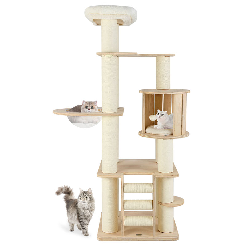 Tall Cat Tree Wooden Cat Tower with Cozy Perch Condo Space Capsule