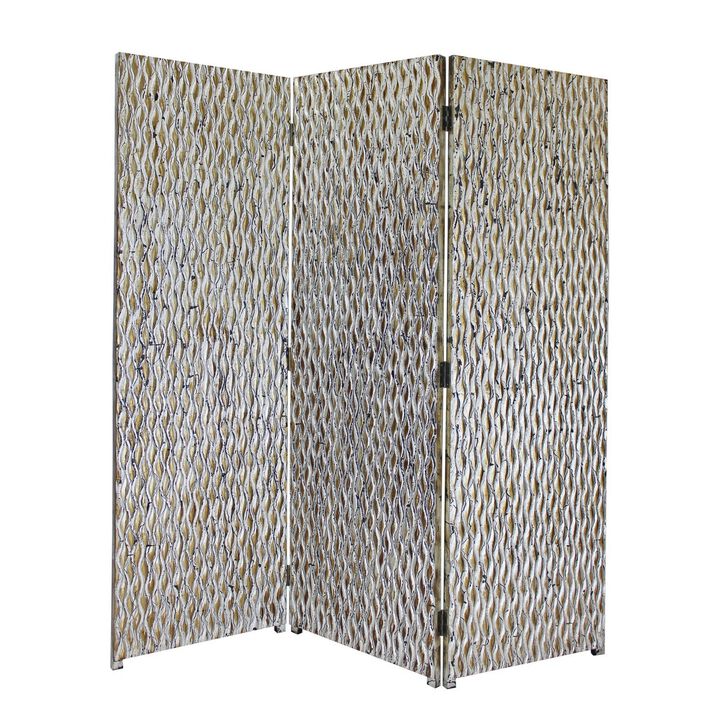 72 Inch 3 Panel Screen, Wood 3D Wavy Pattern, Distressed Gray, Black, Brown-Benzara