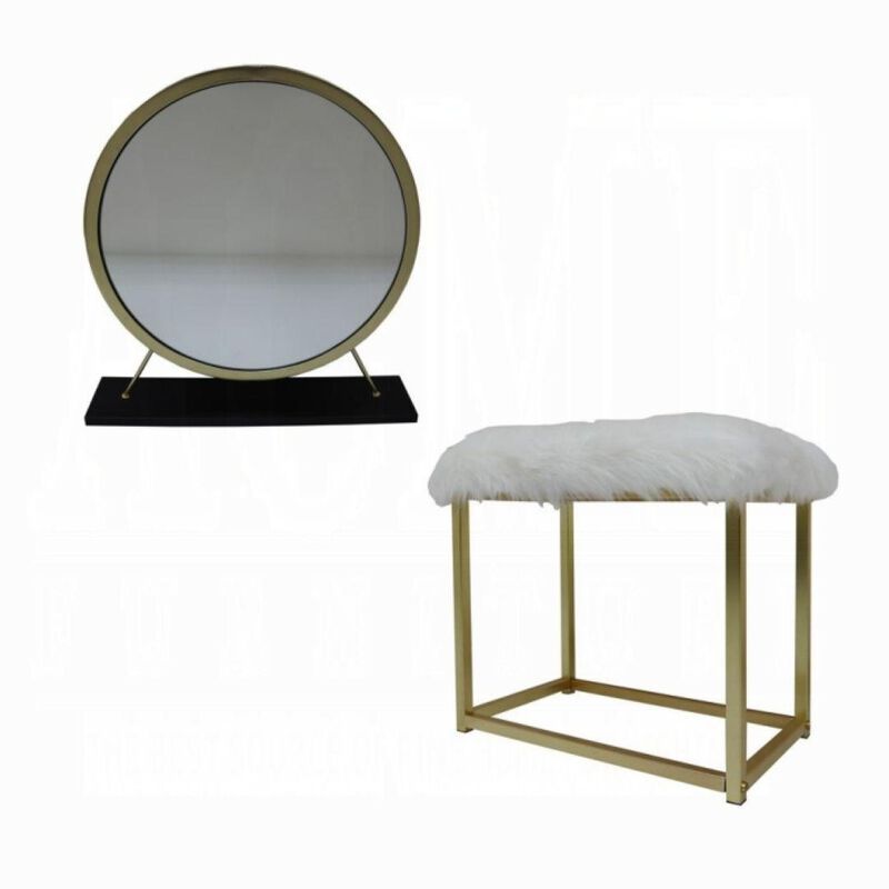 HomeRoots Set of Two Gold Black and White Metal And Faux Fur Freestanding Makeup Mirror And Stool image number 2