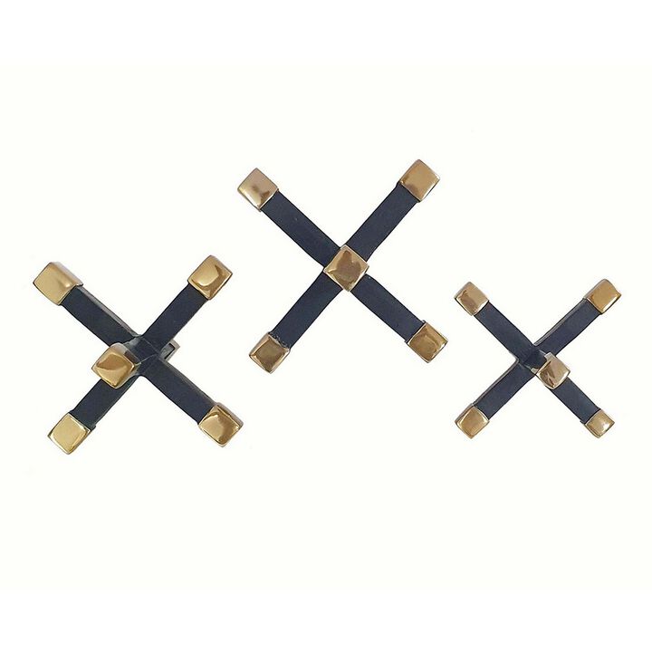 3 Piece Modern Accent Tabletop Decorations, X Shaped Jacks, Black, Gold - Benzara