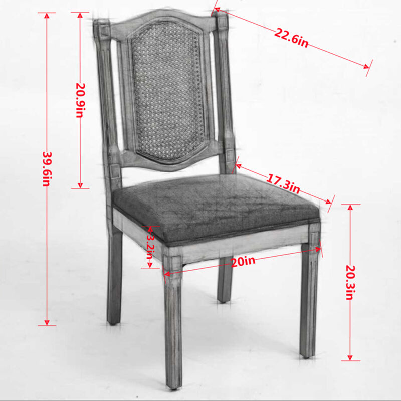 Set of 2 Solid Wood Rattan-Back Dining Chair, Matte Linen Cushion with High-Resilience Foam image number 3