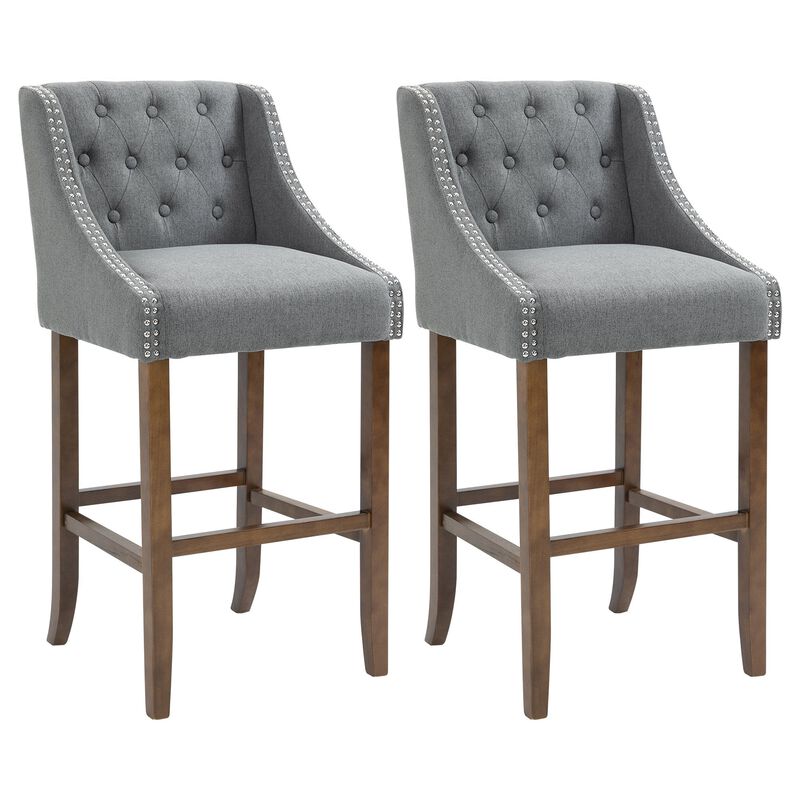 Modern Bar Height Bar Stools Set of 2, 30" Seat Height Bar Chair for Kitchen Living Room with Mid Back, Wood Legs, Nailhead Trim & Tufted Upholstery, Dark Grey