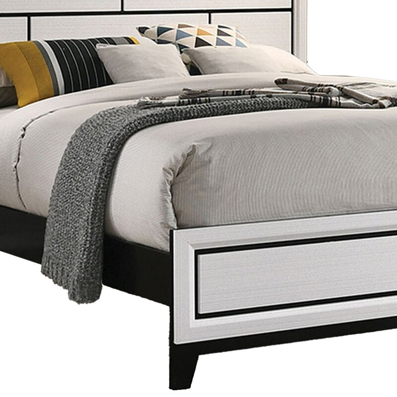 Erica Queen Size Bed, White and Black Wood Finish, Panel Style Headboard - Benzara