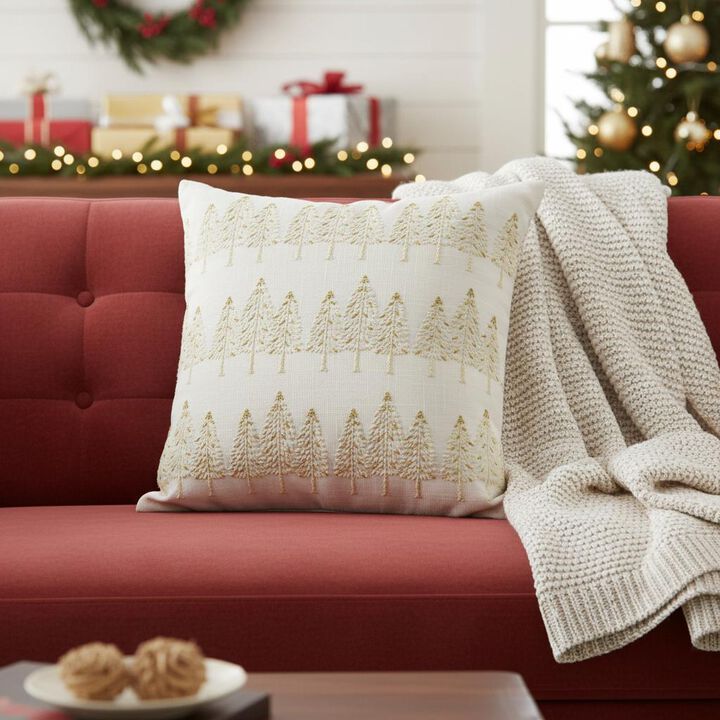 HomeRoots 18" Ivory And Gold Cotton Christmas Trees Throw Pillow With Embroidery
